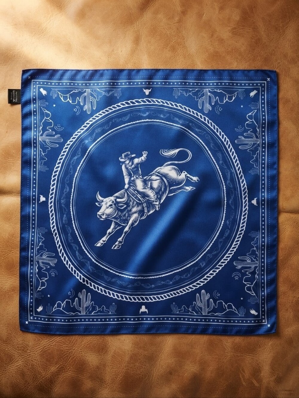 100% Silk Western Bucking Bull Bandana Scarf | Blue & White Wild Rag CC